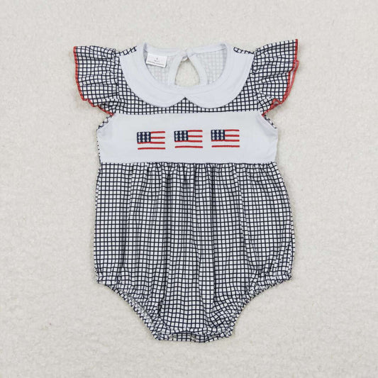 SR1000 Flag Embroidery Plaid Baby Girls 4th of July Doll Collar Romper