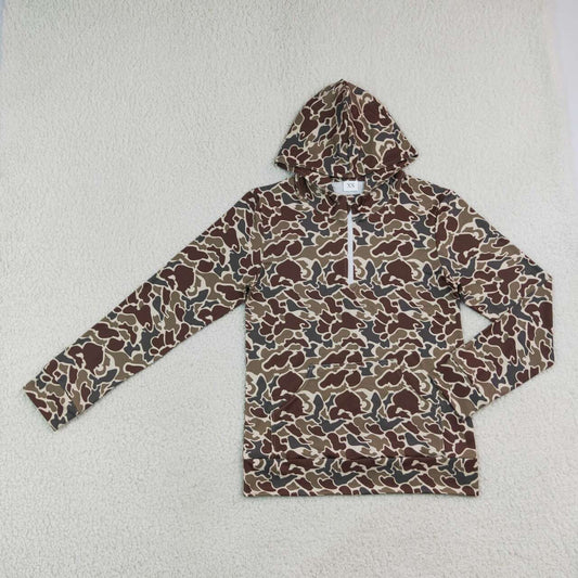 BT1872 Adult Dark Brown Camo Long Sleeve Pocket Half Zipper Hoodie Top