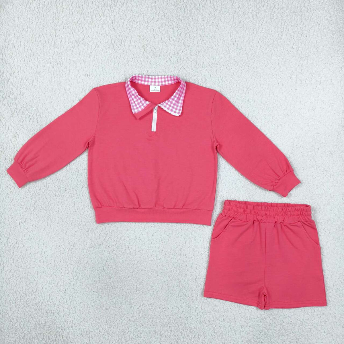 GLS0225 Hot Pink Cotton Half‑Zip Pullover Top Pockets Shorts Girls Clothes Set
