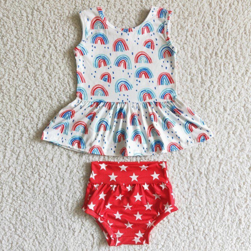 (Promotion)GBO0014 Rainbow Top Stars Shorts Baby Girls 4th of July Bummie Set
