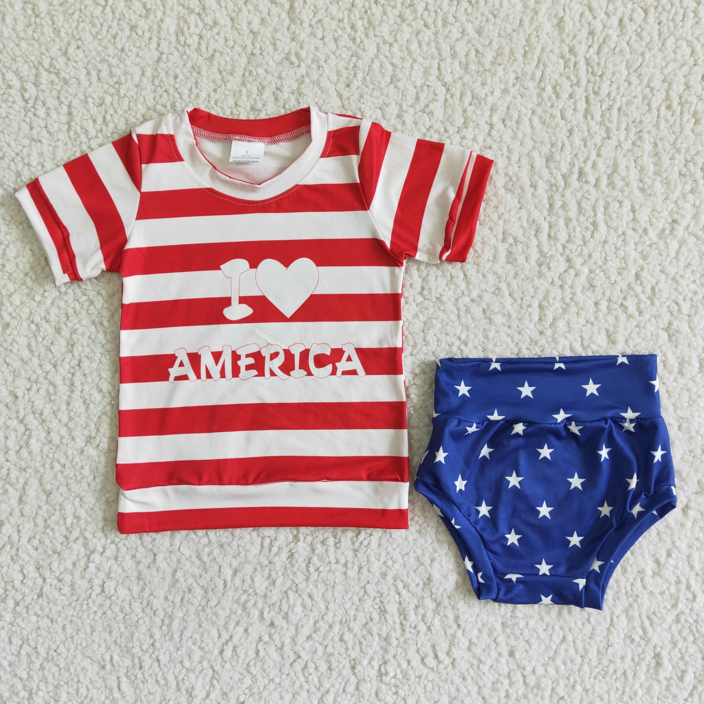 (Promotion)GBO0018 I LOVE AMERICA Stripes Top Stars Shorts Baby Girls 4th of July Bummie Set