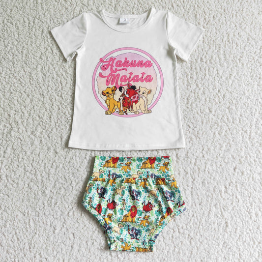 GBO0025 Cartoon Lion Top Green Shorts Baby Girls Summer Bummie Set
