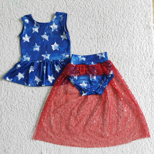 (Promotion)GBO0027  Stars Top Red Tulle Shorts Baby Girls 4th of July Bummie Set