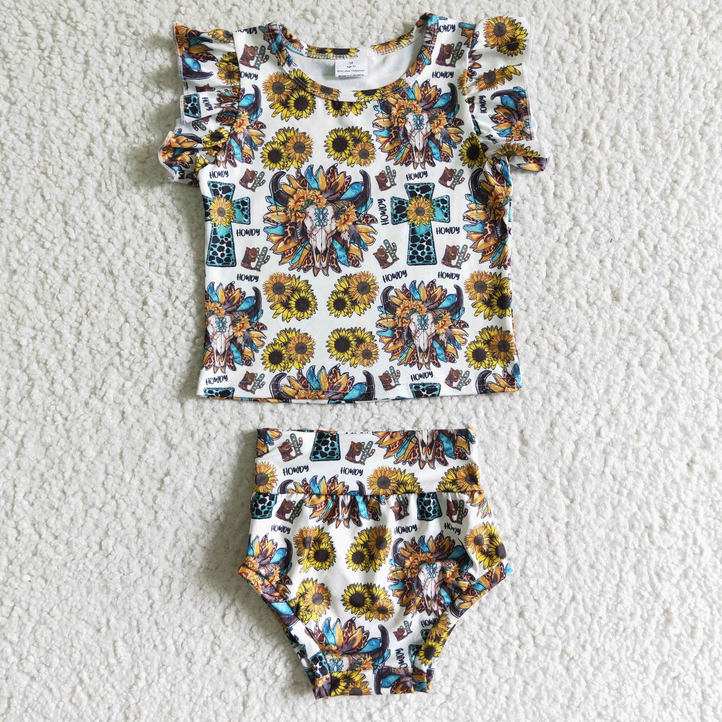 (Promotion) Cow Skull Sunflowers Print Girls Summer bummie outfits GBO0047