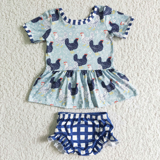 (Promotion) GBO0049 Chicken Flowers Tunic Top Plaid Shorts Baby Girls Summer Bummie Set