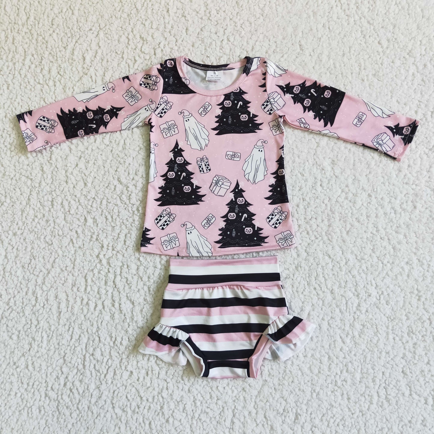 GBO0051 Ghost Pumpkin Pink Top Stripes Shorts Baby Girls Halloween Bummie Set