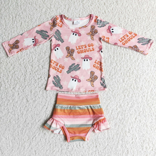 GBO0053 Let's Go Ghost Cowboy Pink Top Stripes Shorts Baby Girls Halloween Bummie Set
