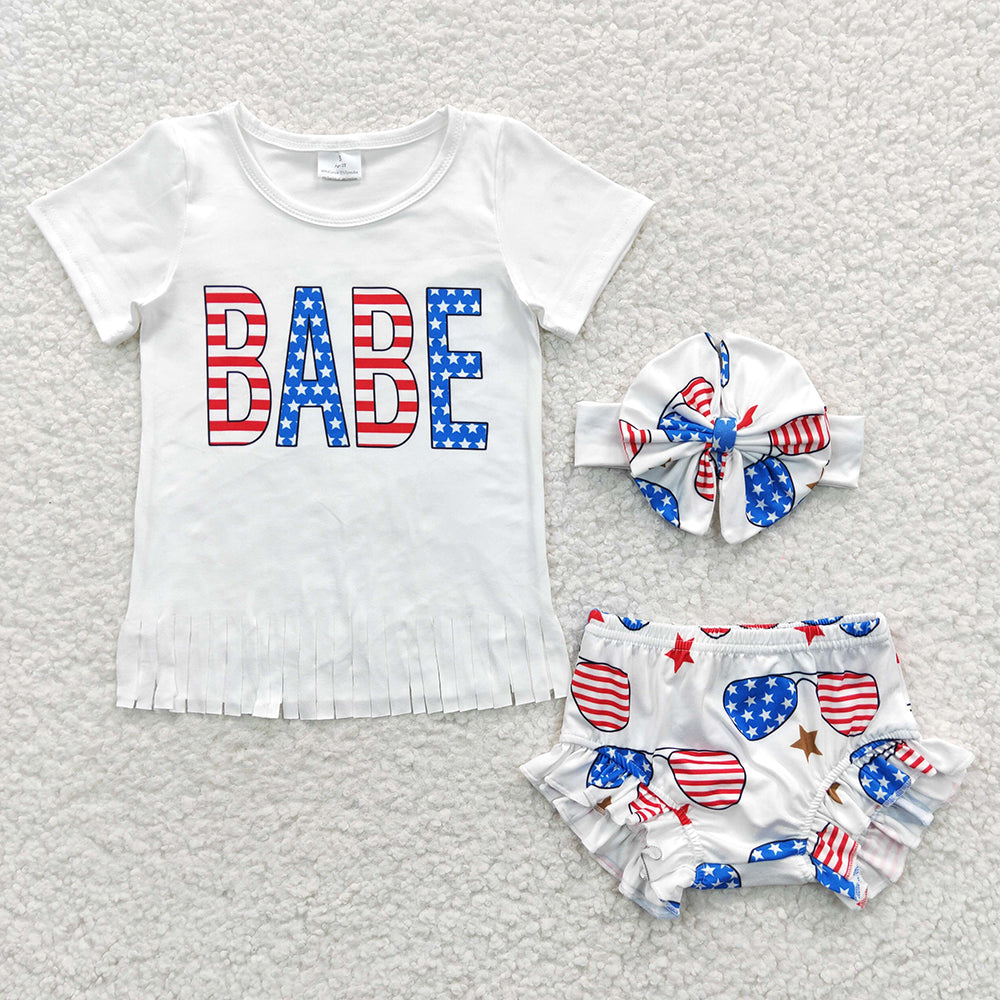 GBO0127 Babe Fringe Short Sleeve & Star-Spangled with Headband - Girls Bummie Set