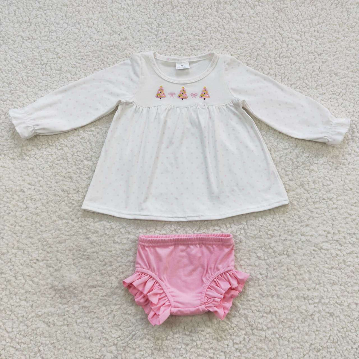 GBO0165 Tree Bows Embroidery Dots Tunic Top Pink Shorts Baby Girls Christmas Bummie Set