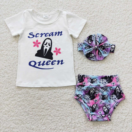 LR0170 SCREAM Flowers White Top Shorts Baby Girls Halloween Bummie Set