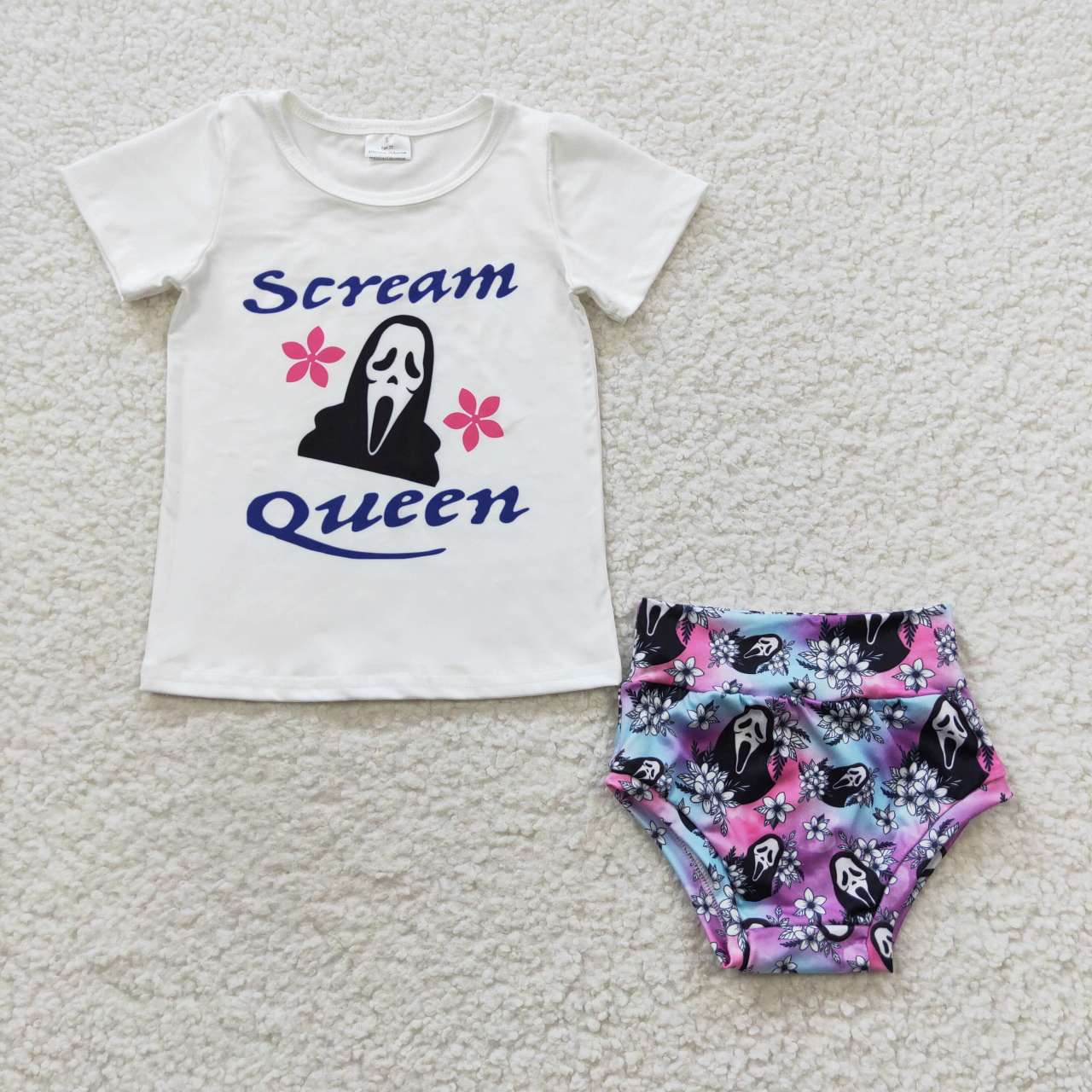 LR0170 SCREAM Flowers White Top Shorts Baby Girls Halloween Bummie Set