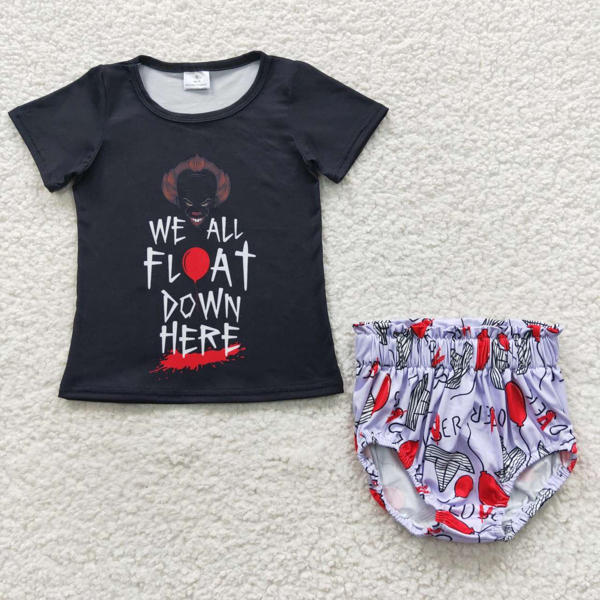 GBO0171 We All Float Down Top Shorts Baby Girls Halloween Bummie Set
