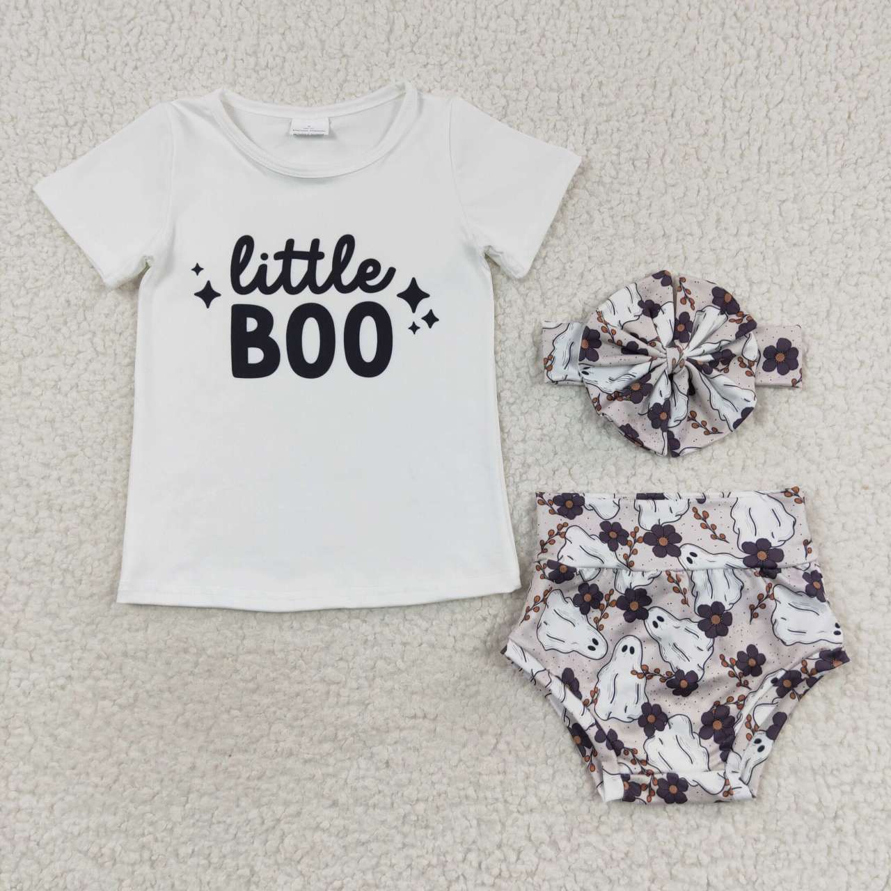 GBO0175 Little BOO White Top Ghost Flowers Shorts Baby Girls Halloween Bummie Set