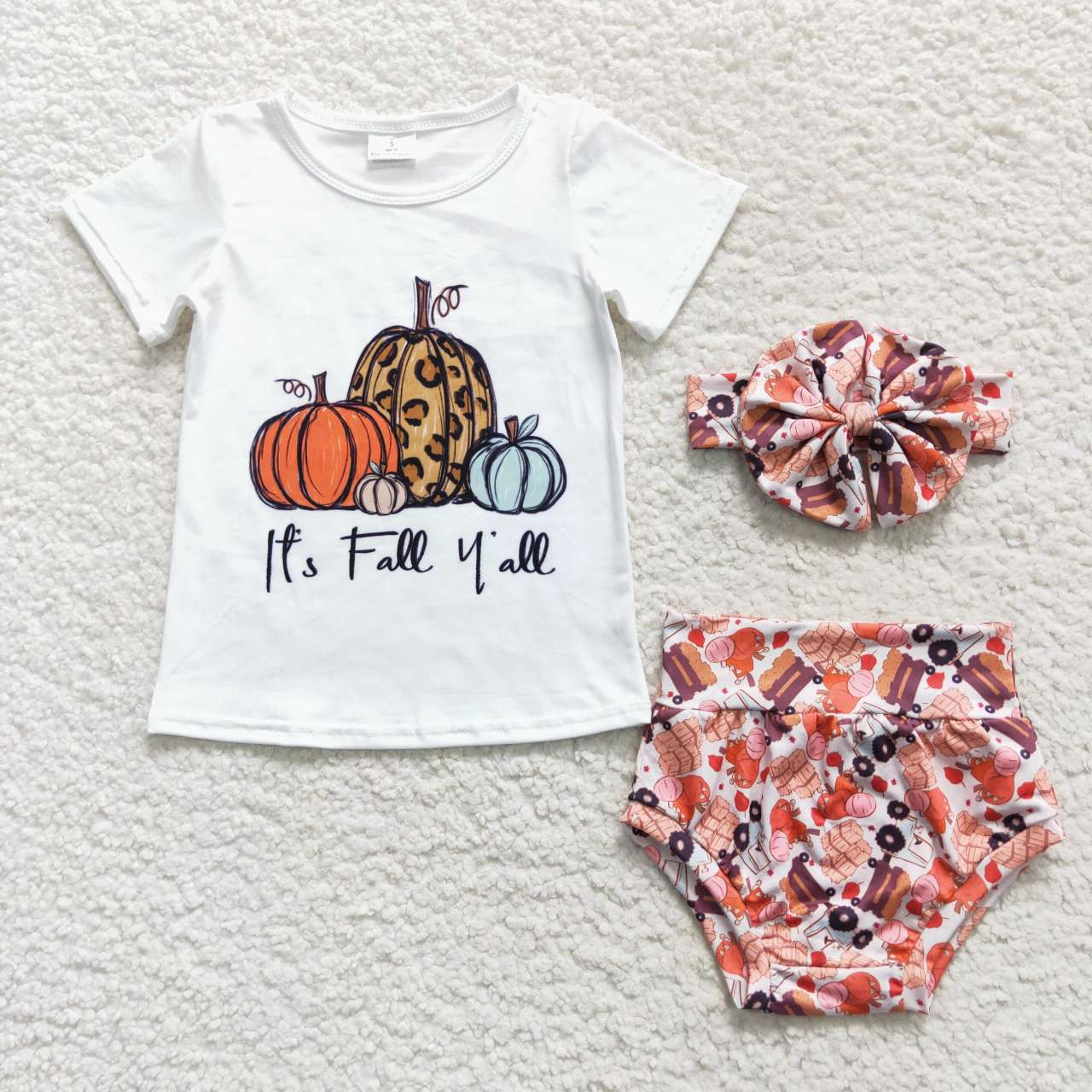 GBO0182 It's Fall Y'all Top Pumpkin Shorts Baby Girls Fall Bummie Set