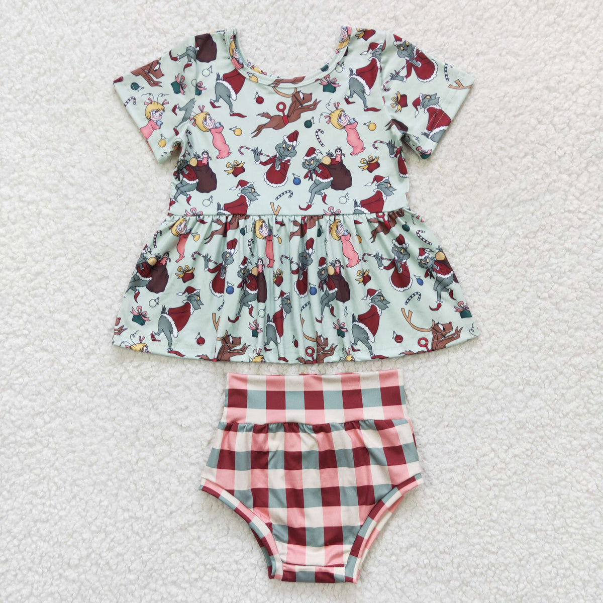 GBO0187 Green Frog Candy Cane Top Checkered Shorts Baby Girls Christmas Bummie Set
