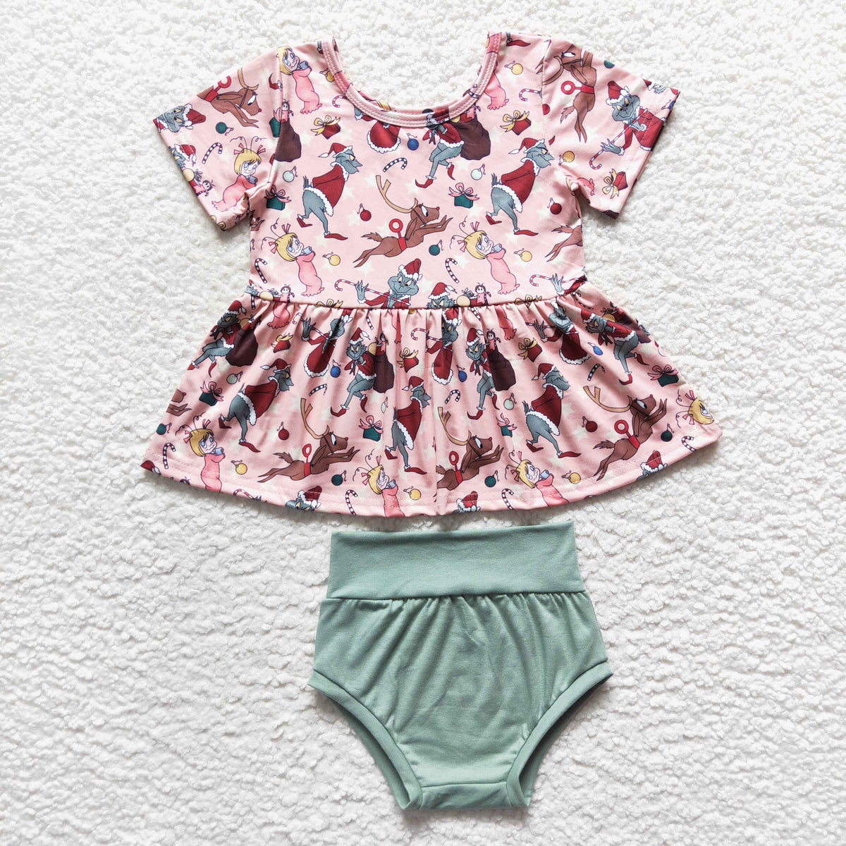 GBO0188 Green Frog Candy Cane Top Green Shorts Baby Girls Christmas Bummie Set