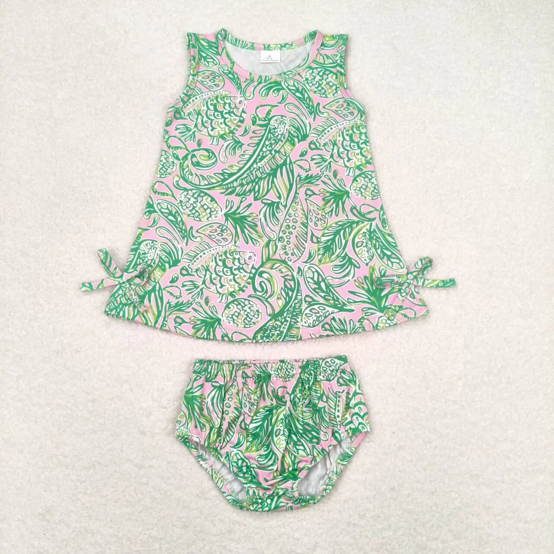 Sibling Baby Boys Girls Green Leaves Fish Summer Outfits Clothes Sets Shirts Tunic Dresses