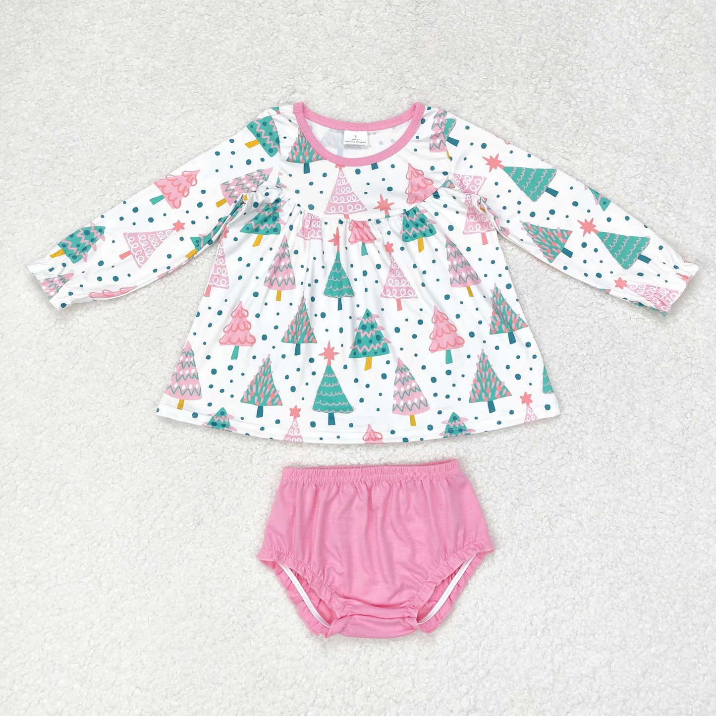 GBO0400 Colorful Tree Tunic Top Pink Shorts Baby Girls Christmas Bummie Set