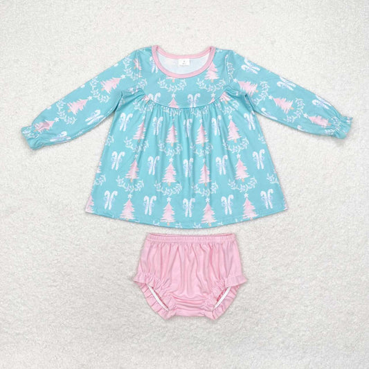 GBO0404 Tree Bows Blue Tunic Top Pink Shorts Baby Girls Christmas Bummie Set