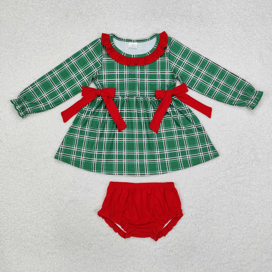 GBO0406 Green Checkered Tunic Top Red Shorts Baby Girls Christmas Bummie Set