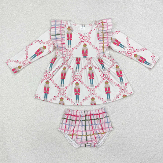 GBO0416 Nutcracke* Soldier Bows Tunic Top Checkered Shorts Baby Girls Christmas Bummie Set