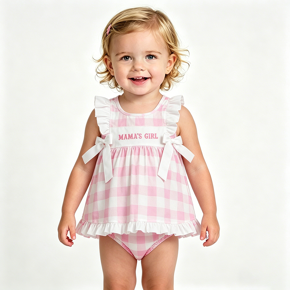 GBO0495 MAMAS GIRL Embroidery Plaid Pockets Tunic Top Shorts Baby Girls Summer Bummie Set