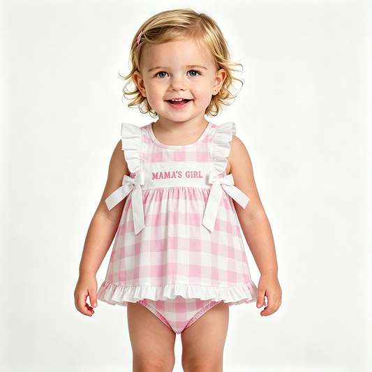 GBO0495 MAMAS GIRL Embroidery Plaid Pockets Tunic Top Shorts Baby Girls Summer Bummie Set