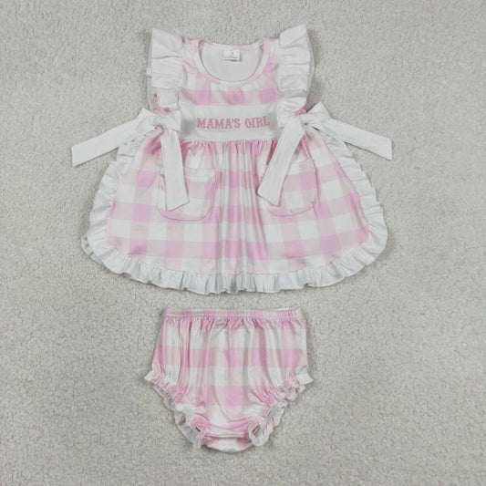 GBO0495 MAMAS GIRL Embroidery Plaid Pockets Tunic Top Shorts Baby Girls Summer Bummie Set