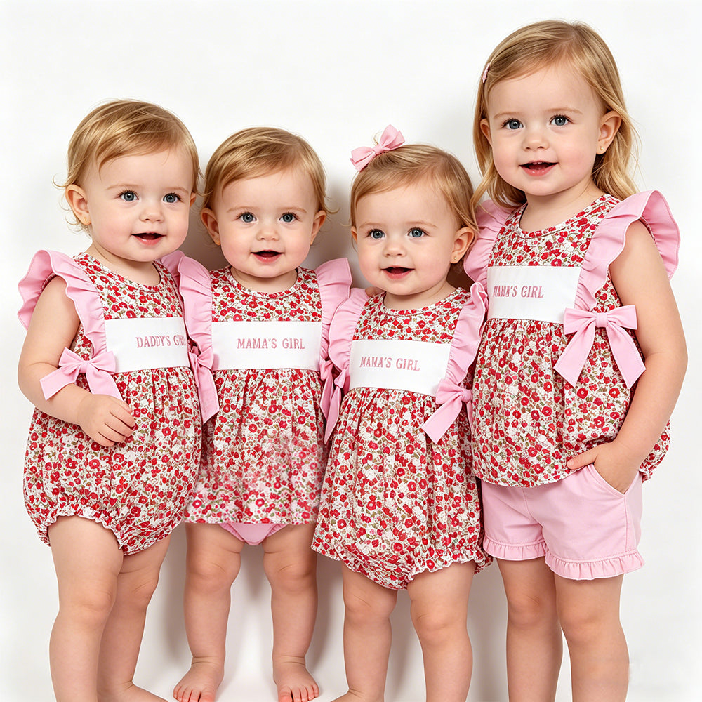 MAMAS & DADDYS GIRL Embroidery Flowers Bows Baby Girls Summer Clothes Sisters Wear