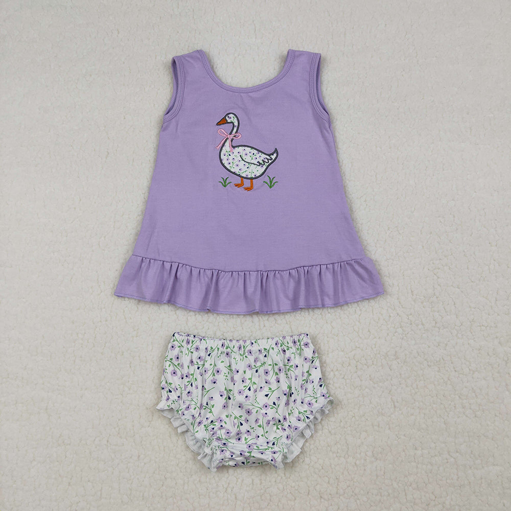 Goose Embroidery Flowers Lavender Girls Summer Clothes Sibling Matching Wear