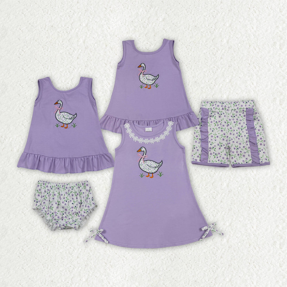 Goose Embroidery Flowers Lavender Girls Summer Clothes Sibling Matching Wear