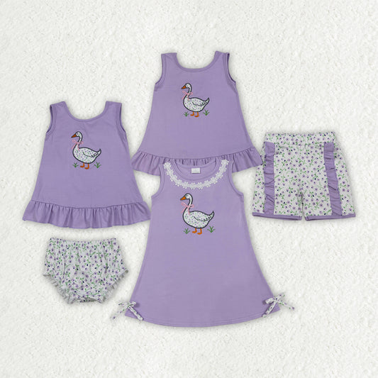 Goose Embroidery Flowers Lavender Girls Summer Clothes Sibling Matching Wear