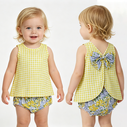 Yellow Plaid Backless Top Flowers Shorts Baby Girls Summer Bummie Set