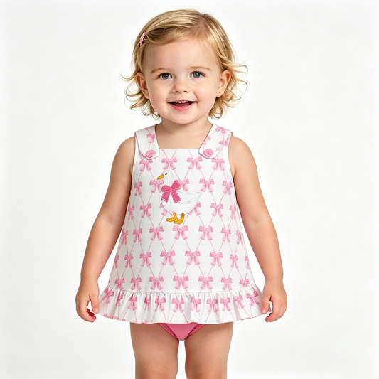 GBO0505 Goose Embroidery Bows Sleeveless Tunic Top Pink Shorts Baby Girls Summer Bummie Set