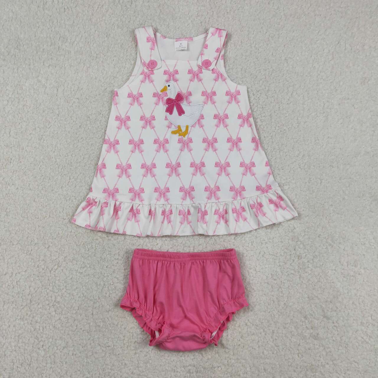 GBO0505 Goose Embroidery Bows Sleeveless Tunic Top Pink Shorts Baby Girls Summer Bummie Set