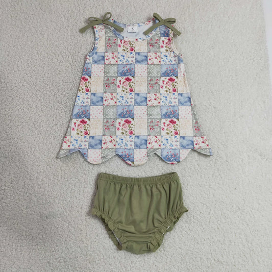 Baby Girls Sleeveless Floral Checked Scallop Tunic Bummies Clothes Sets