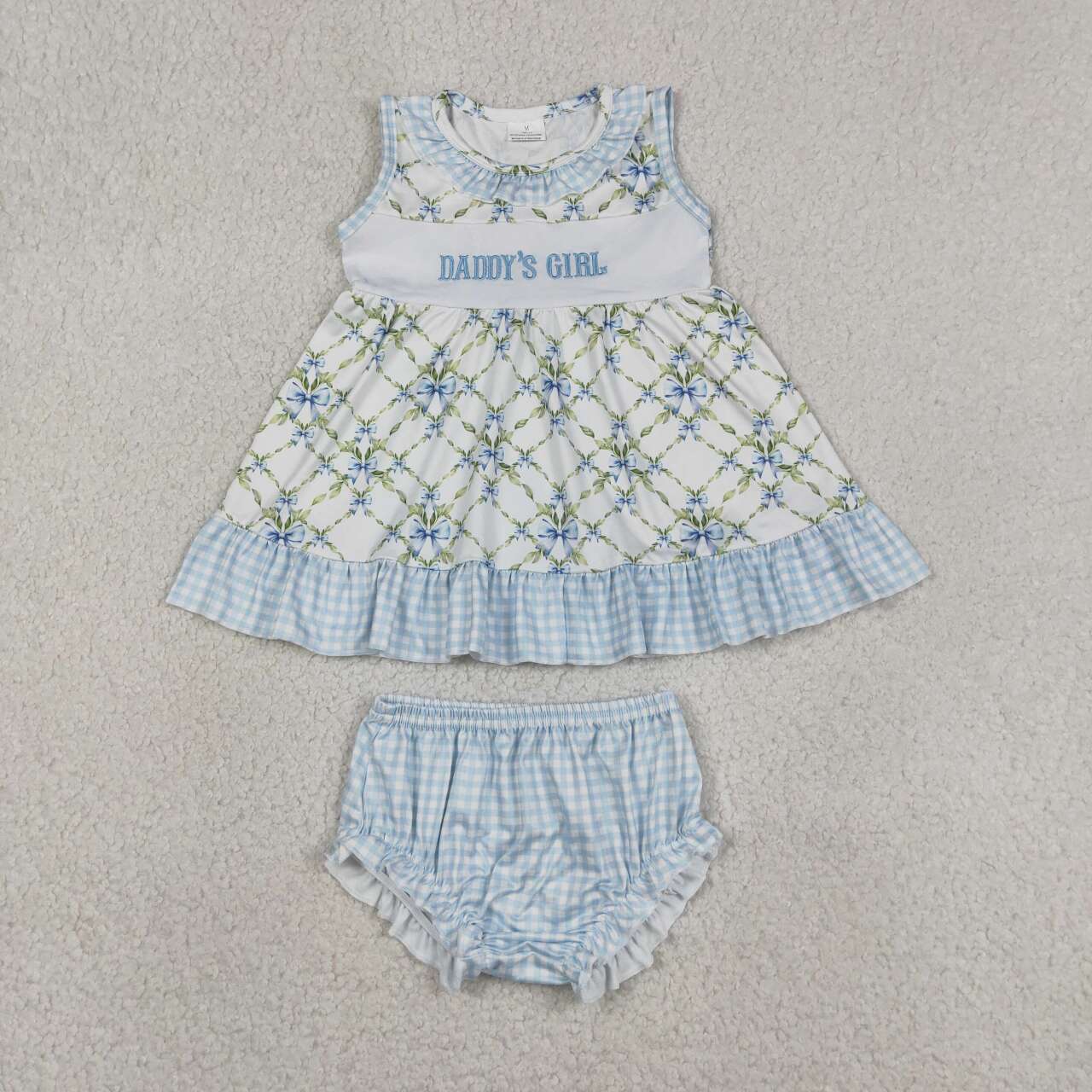 GBO0512 Daddy's Girl Embroidery Flowers Bows Tunic Top Plaid Shorts Baby Girls Bummie Set