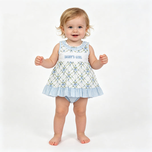 GBO0512 Daddy's Girl Embroidery Flowers Bows Tunic Top Plaid Shorts Baby Girls Bummie Set