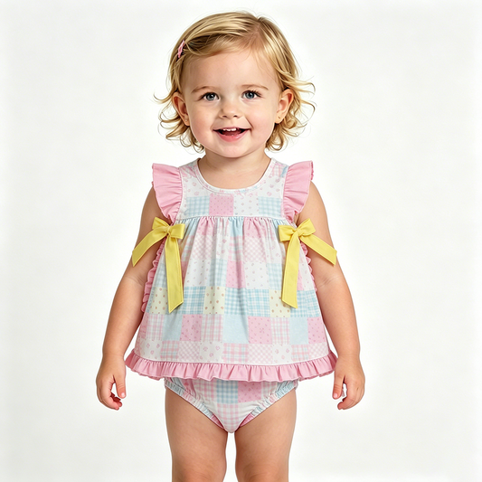 GBO0513 Cute Baby Girls Floral Patch Tunic Top Summer Bummie Set