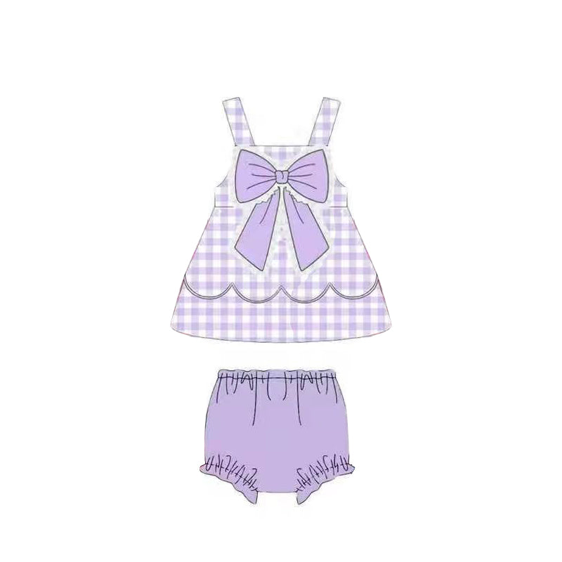 3.18 GBO0515 Preorder Plaid Big Bow Tunic Top Purple Shorts Baby Girls Summer Bummie Set