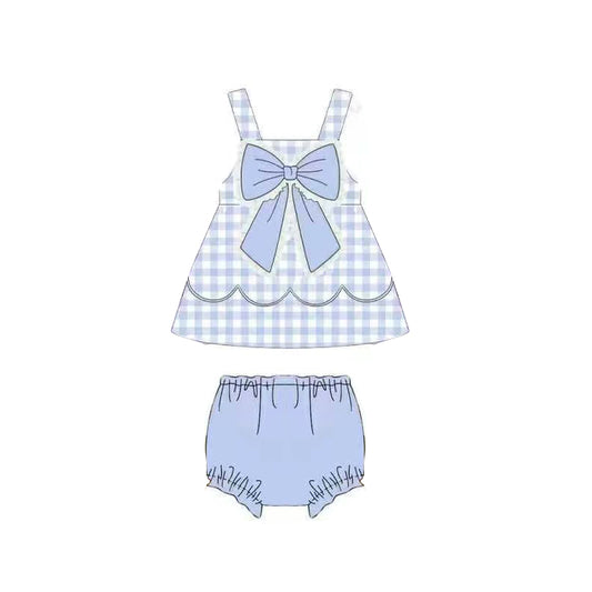 3.18 GBO0516 Preorder Plaid Big Bow Tunic Top Blue Shorts Baby Girls Summer Bummie Set