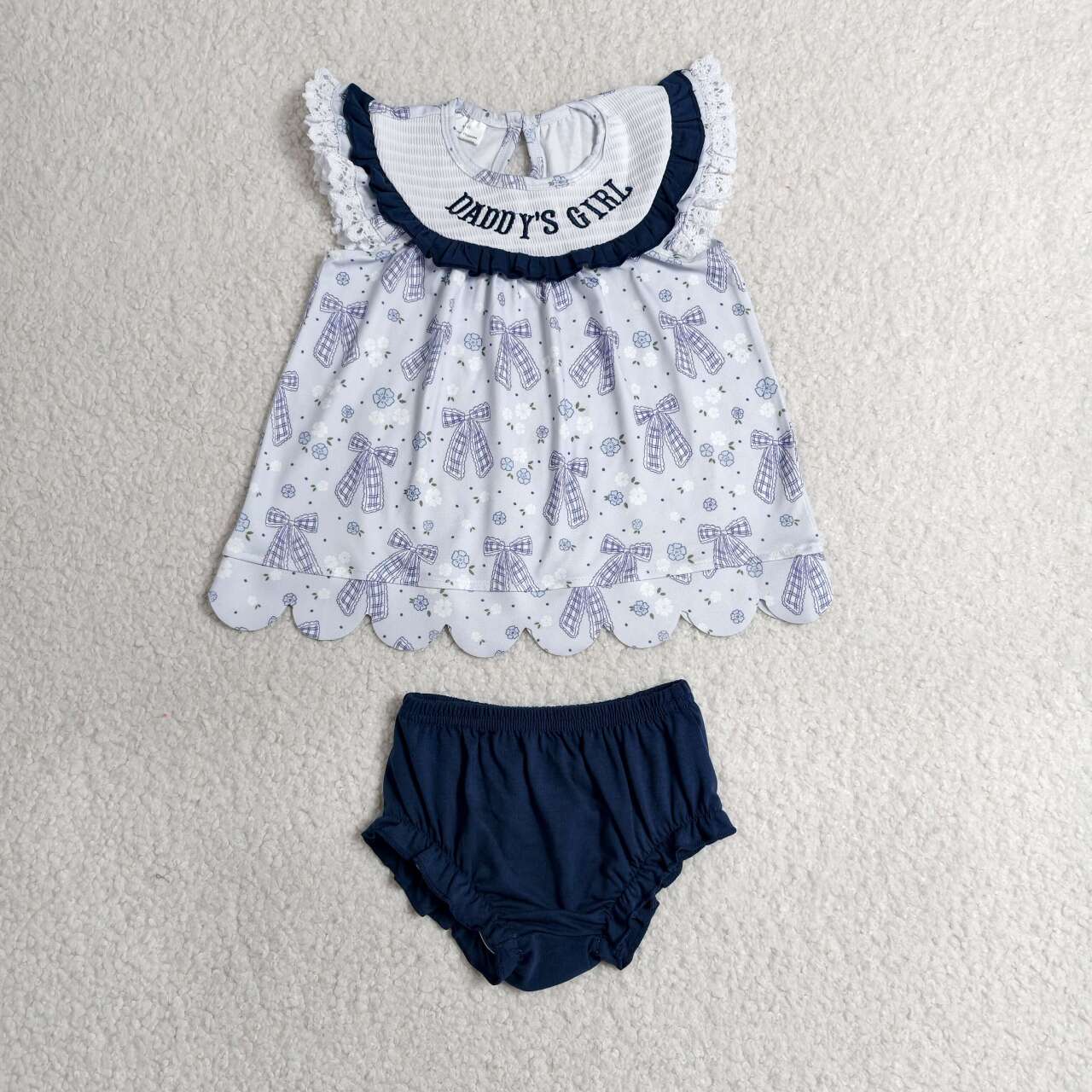 GBO0519 Daddy's Girl Embroidery Blue Bow Scallop Tunic Top Navy Shorts Baby Girls Smocked Bummie Set