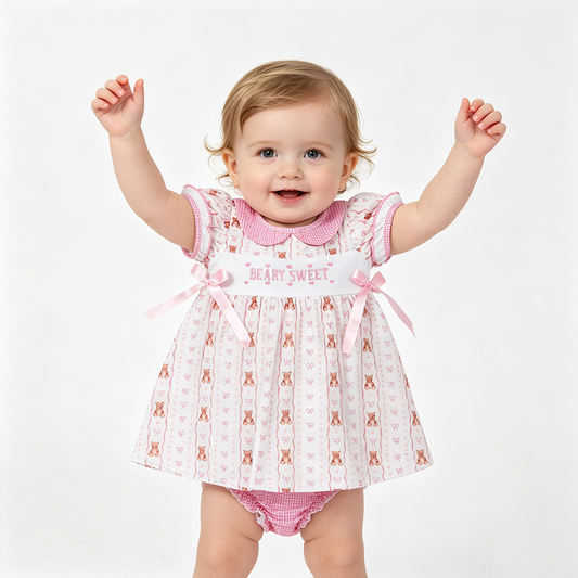 GBO0520 Beary Sweet Embroidery Bear Pink Bow Baby Girls Doll Collar Bummie Set