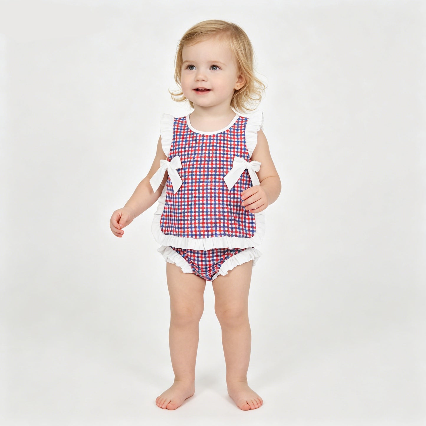 GBO0527 Baby Girls Red Blue Gingham 4th of July Bummie Set With Bow