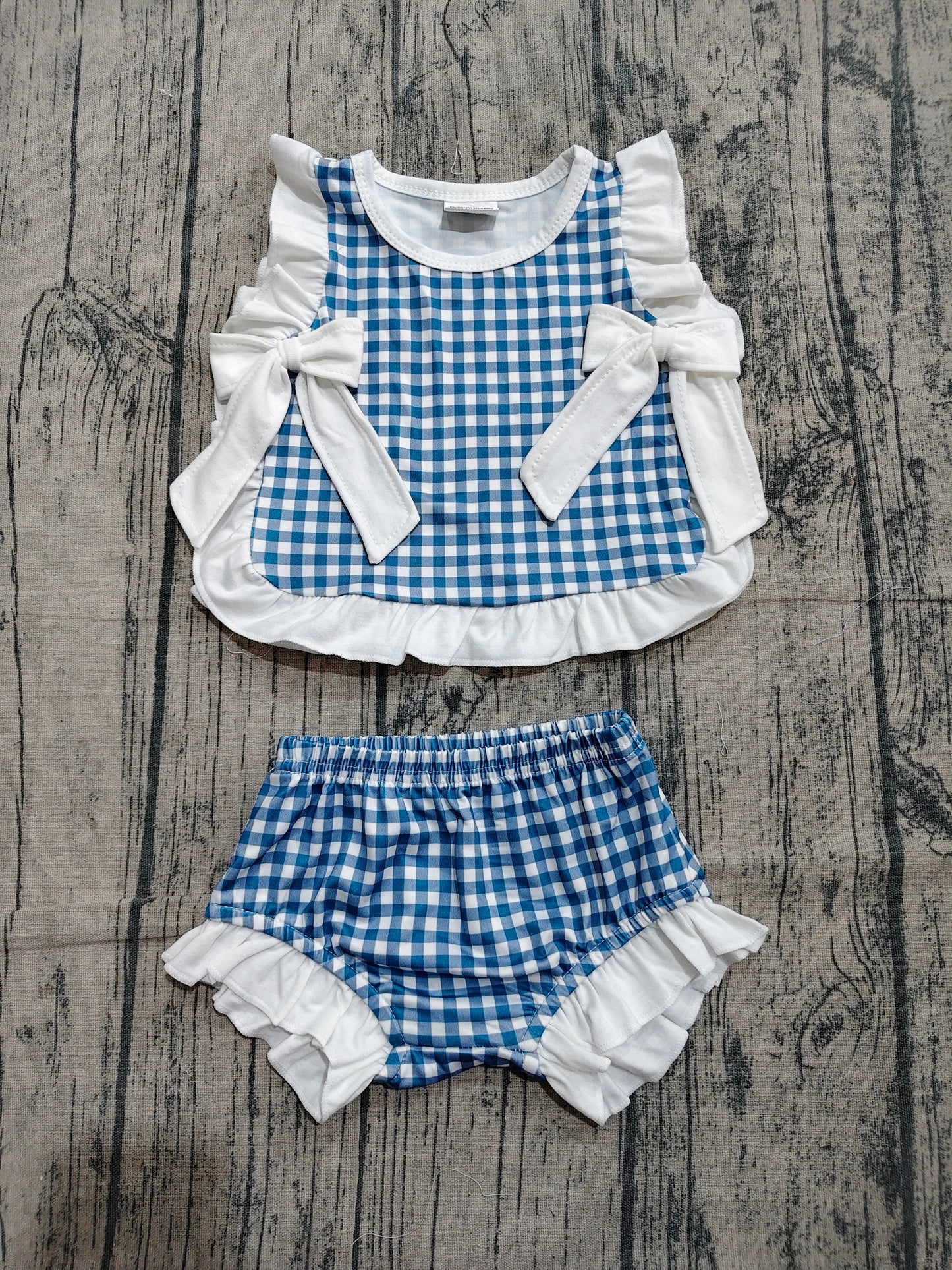 GBO0528 Baby Girls Navy White Gingham Bummie Set With Bow