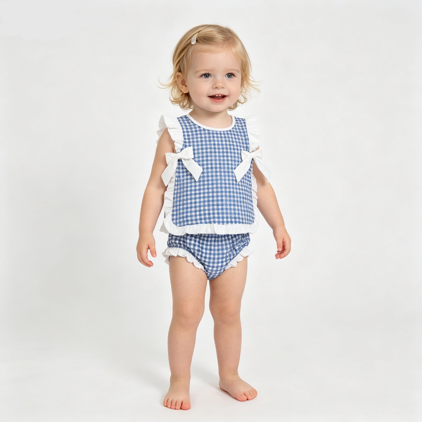 GBO0528 Baby Girls Navy White Gingham Bummie Set With Bow