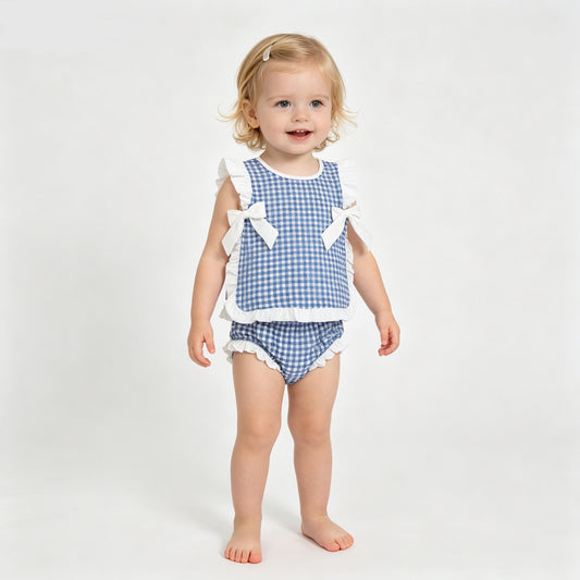 GBO0528 Baby Girls Navy White Gingham Bummie Set With Bow
