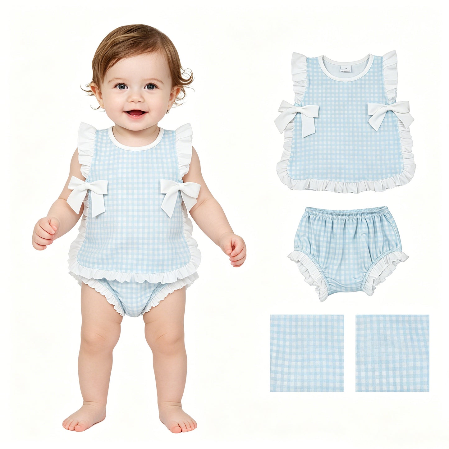 GBO0529 Baby Girls Blue White Gingham Bummie Set With Bow