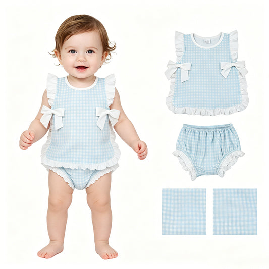 GBO0529 Baby Girls Blue White Gingham Bummie Set With Bow