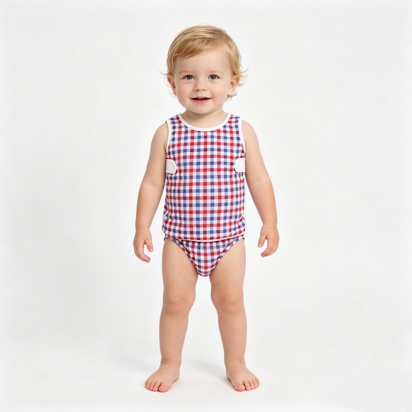 Sibling Baby Blue Red GIngham Bummie Set